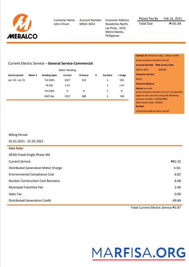 Printable Philippines Manila Electric Company (Meralco) electricity utility bill Word and PDF template